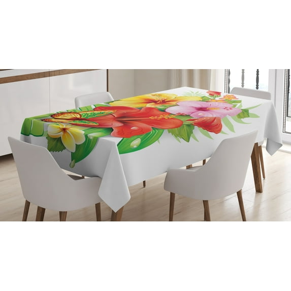 Ambesonne Hawaiian Tablecloth Rectangular Table Cover, Colorful Hibiscus Blooming, 60"x90", Multicolor