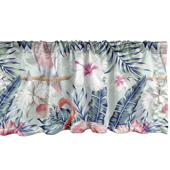 Ambesonne Hawaiian Window Valance with Rod Pocket, Flamingos Palms Hibiscuses, 54" x 12", Coral Rose Mint Green