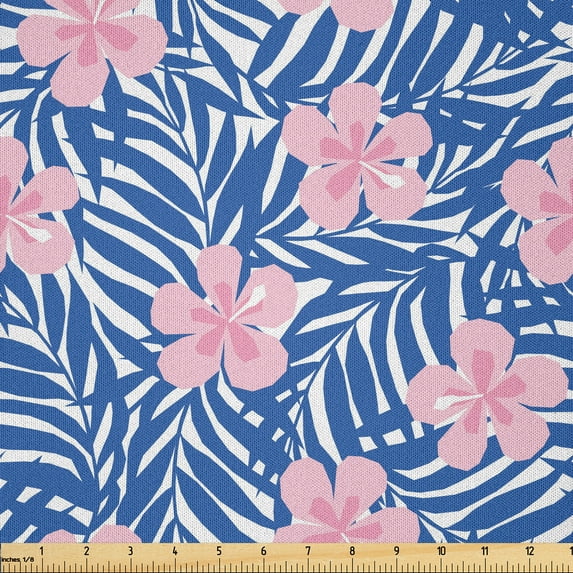 Ambesonne Hawiian Fabric by the Yard Microfiber, Classic Hibiscus and Palms, 5 Yards, Pale Rose and Violet Blue