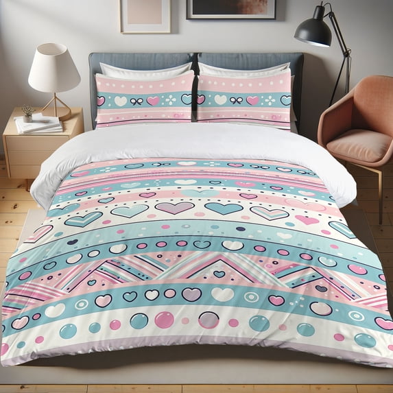Ambesonne Heart Duvet Cover Set, Lines Circles and Chevron, Twin, Blush Pale Turquoise