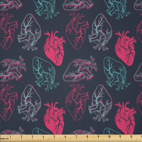 Ambesonne Heart Fabric by the Yard Microfiber, Anatomical Human Organ Veins, 5 Yards, Hot Pink and Charcoal Grey