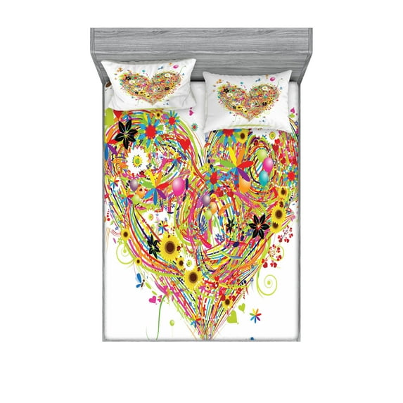 Ambesonne Heart Fitted Sheet & Pillow Sham Set, Watercolor Love, Calking, White Multicolor