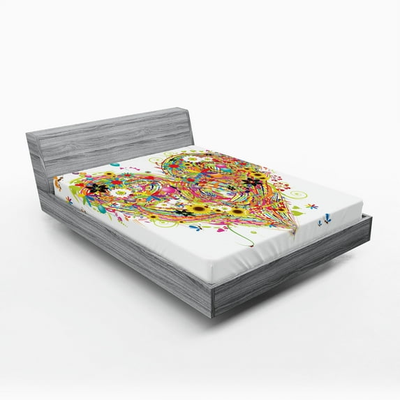 Ambesonne Heart Fitted Sheet, Watercolor Love, Queen Size, White Multicolor