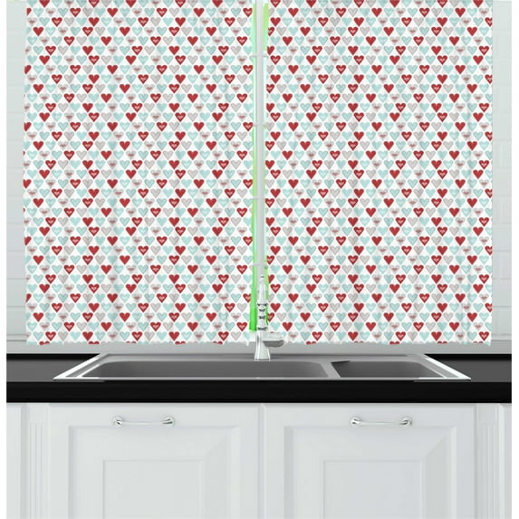 Ambesonne Heart Kitchen Curtains, Repetitive Love Romance Art, 55"x45", Ruby Pale Blue White