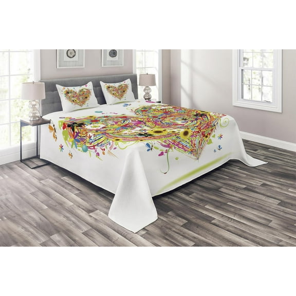 Ambesonne Heart Quilted Coverlet 3 Pcs, Watercolor Love, King Size, White Multicolor