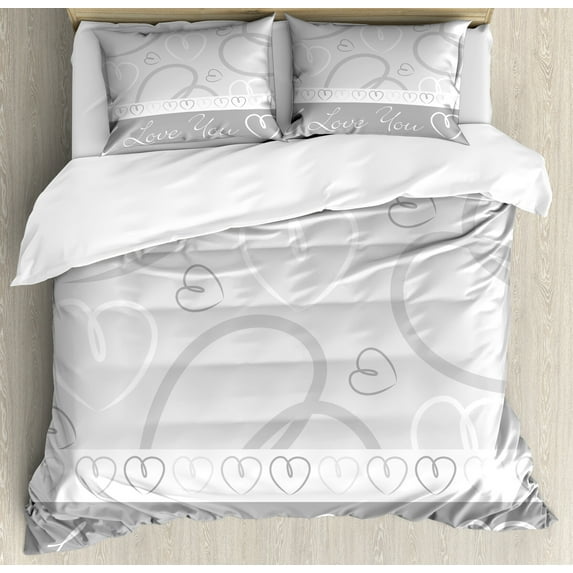 Ambesonne Hearts Duvet Cover Sets, Doodle Hearts Love, 2-Queen, Pale Grey White Grey