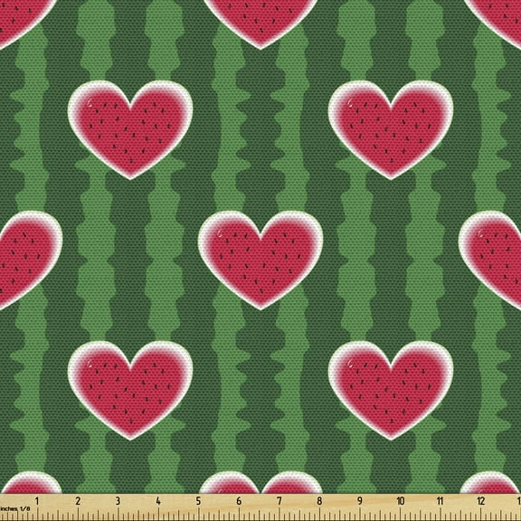 Ambesonne Hearts Fabric by the Yard Upholstery, Love Pattern, 3 Yards, Apple Green Dark Coral