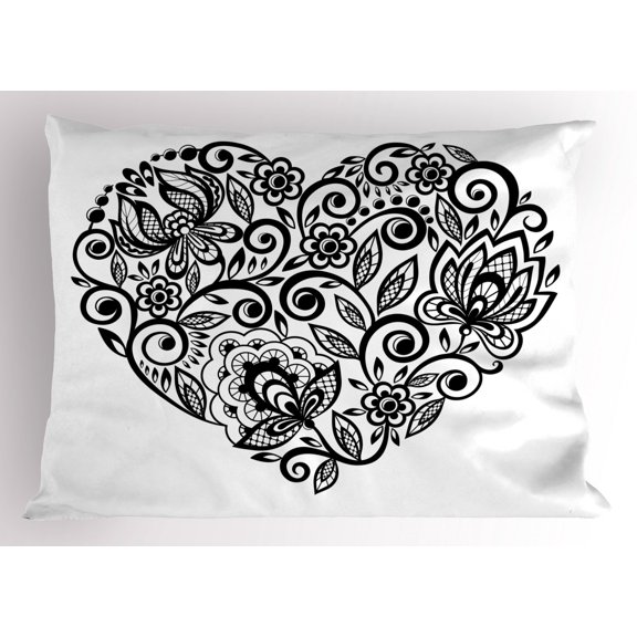 Ambesonne Hearts Pillow Sham, Silhouette Floral Lace, 26" X 20", Black and White