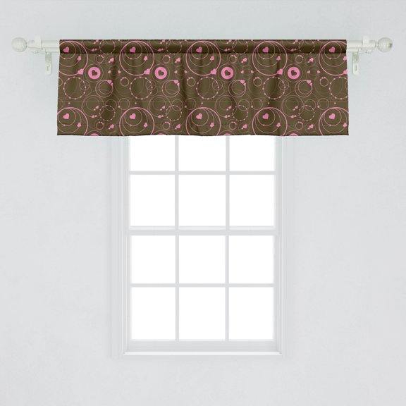Ambesonne Hearts Window Valance, Valentines Day Themed Ornate Romantic Pink Circles and Shapes on Dark Background, Curtain Valance for Kitchen Bedroom Decor with Rod Pocket, 54" X 18", Pink Brown