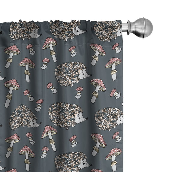 Ambesonne Hedgehog Window Curtains, Woods Animal and Mushrooms, Each 28" W x 95" L, Charcoal Grey Coral and Ecru