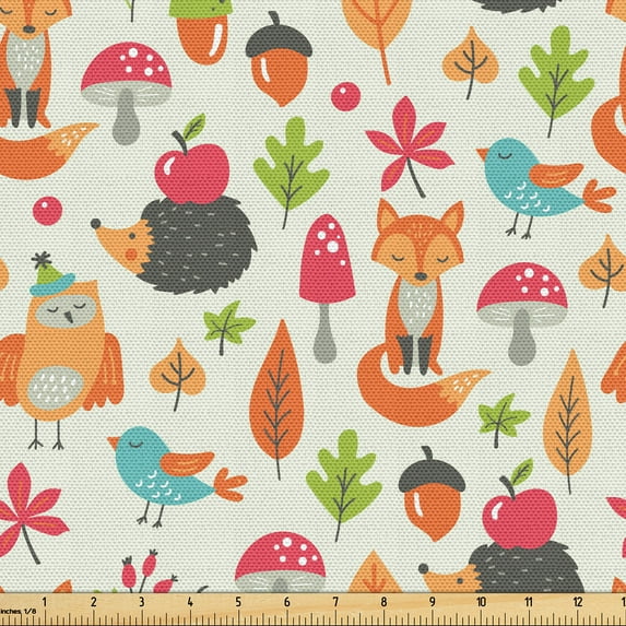 Ambesonne Hedgehog Fabric by the Yard Upholstery, Colorful Fruits Animals, 1 Yard, Pale Orange Dark Coral