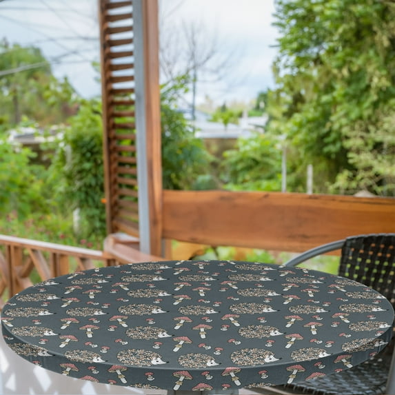 Ambesonne Hedgehog Fitted Round Tablecloth, Woods Animal and Mushrooms, 56"- 60" Diameter, Charcoal Grey Coral and Ecru