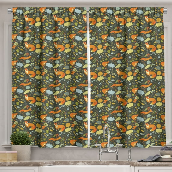 Ambesonne Hedgehog Kitchen Curtains, Forest Fauna Fox Birds, 55"x39", Multicolor