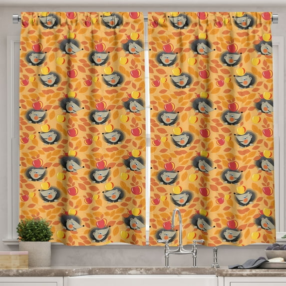 Ambesonne Hedgehog Kitchen Curtains, Happy Autumn Forest, 55"x45", Orange Coral Taupe
