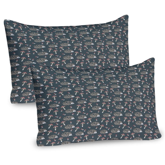 Ambesonne Hedgehog Pillow Sham 2 Pack, Woods Animal and Mushrooms, 36"x20", Charcoal Grey Coral and Ecru