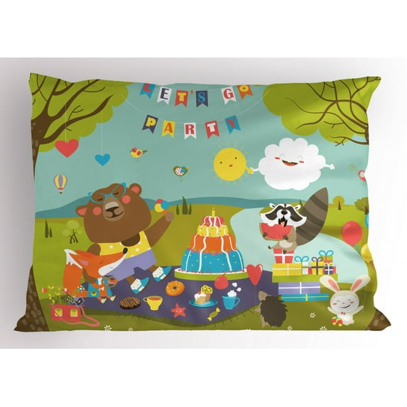 Ambesonne Hedgehog Pillow Sham, Woodland Party Design, 26" X 20", Multicolor