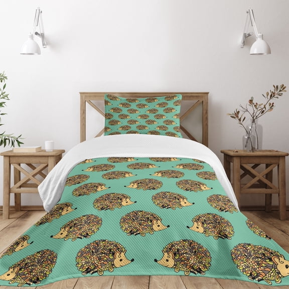 Ambesonne Hedgehog Quilted Bedspread Set 2 Pcs, Cartoon Style Fun, Twin Size, Sea Green Multicolor