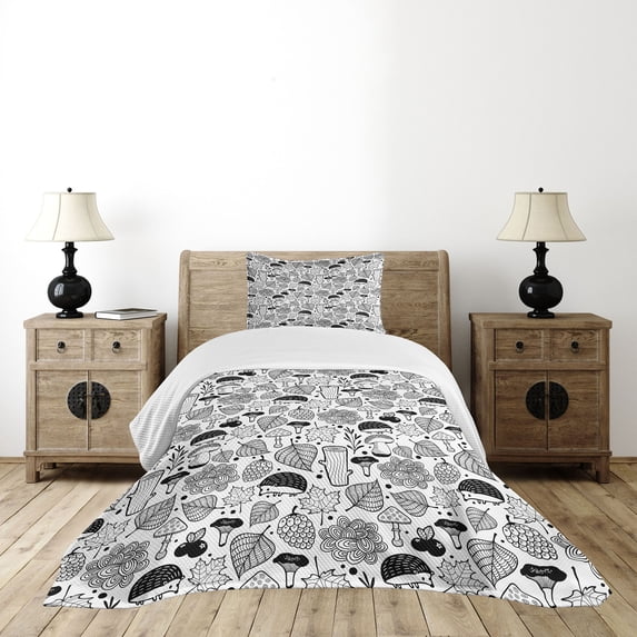 Ambesonne Hedgehog Quilted Bedspread Set 2 Pcs, Ecological Woodland, Twin Size, Black White