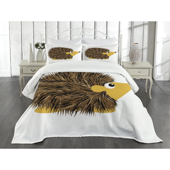 Ambesonne Hedgehog Quilted Bedspread Set 3 Pcs, Cartoon Animal Smile, Queen Size, Brown Earth Yellow
