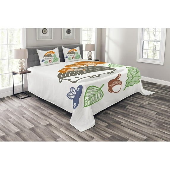 Ambesonne Hedgehog Quilted Bedspread Set 3 Pcs, Colorful Animal Food, Queen Size, Multicolor
