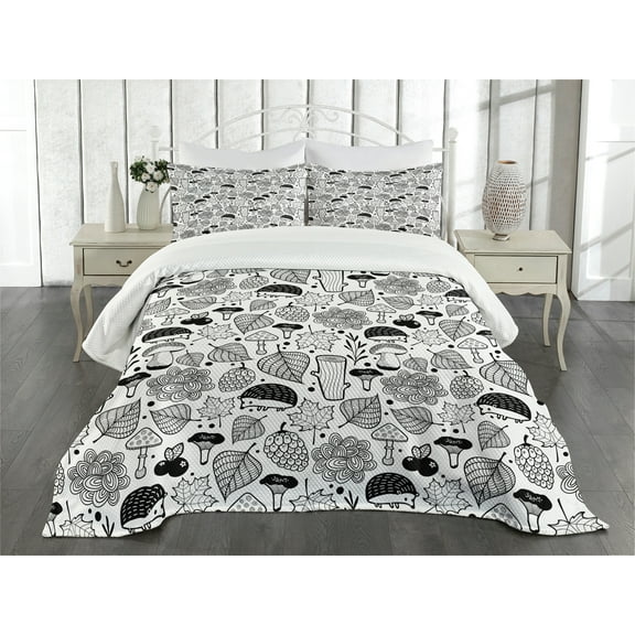 Ambesonne Hedgehog Quilted Bedspread Set 3 Pcs, Ecological Woodland, Queen Size, Black White