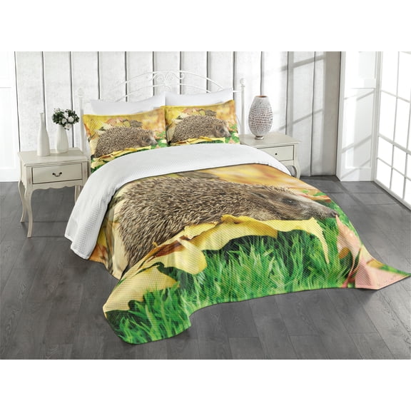Ambesonne Hedgehog Quilted Bedspread Set 3 Pcs, Little Hedgehog, King Size, Brown Earth Yellow Green