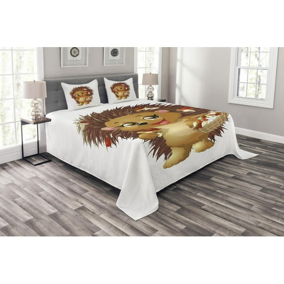 Ambesonne Hedgehog Quilted Bedspread Set 3 Pcs, Mushroom Eating Food, Queen Size, Pale Caramel Brown