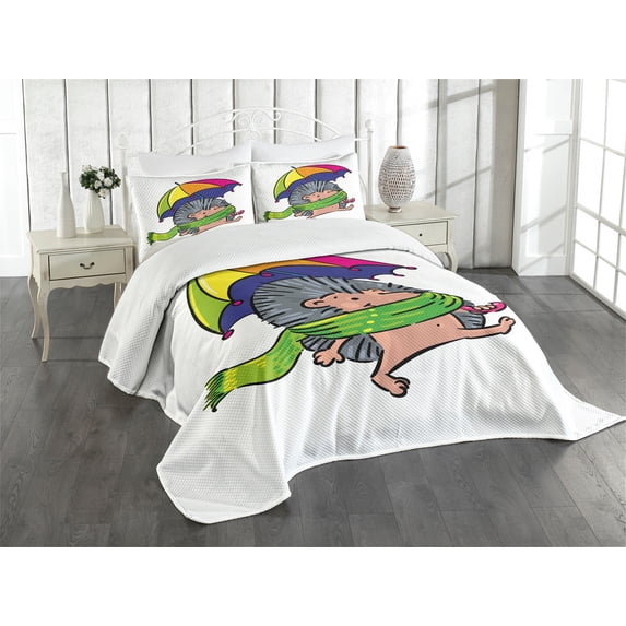 Ambesonne Hedgehog Quilted Bedspread Set 3 Pcs, Smiling Animal Spikes, King Size, Multicolor
