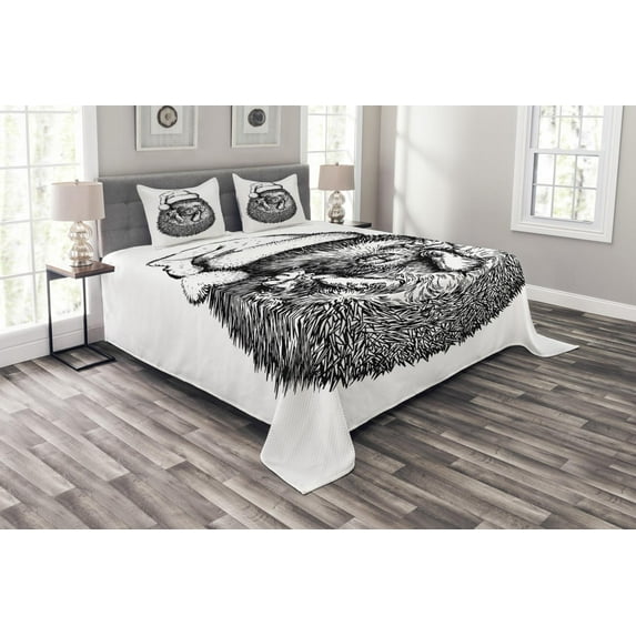 Ambesonne Hedgehog Quilted Bedspread Set 3 Pcs, Winter Attire Hat, Queen Size, Black White