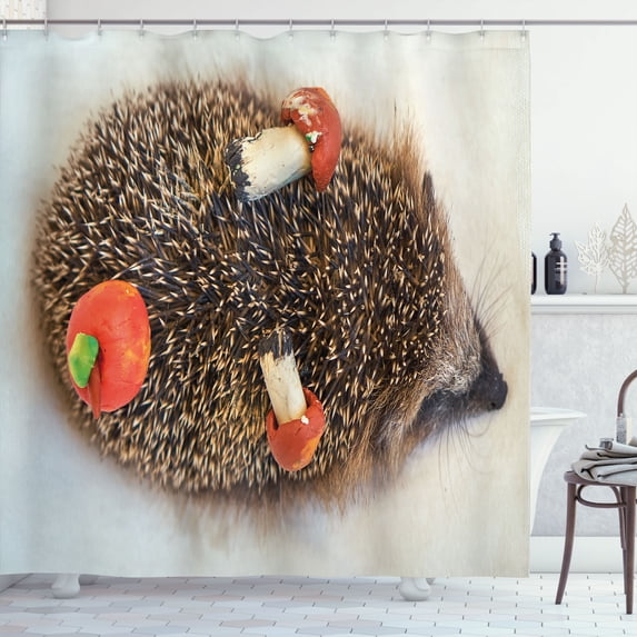 Ambesonne Hedgehog Shower Curtain, Animal and Mushroom Print, 69"Wx84"L, Coconut and Burnt Sienna
