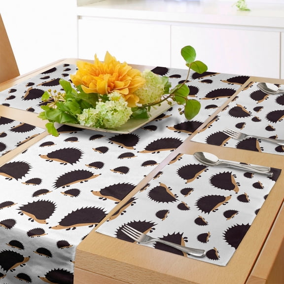 Ambesonne Hedgehog Table Runner & Placemats, Porcupine Characters, Placemat 4 pcs + Runner 12"x90", Seal Brown Pale Brown