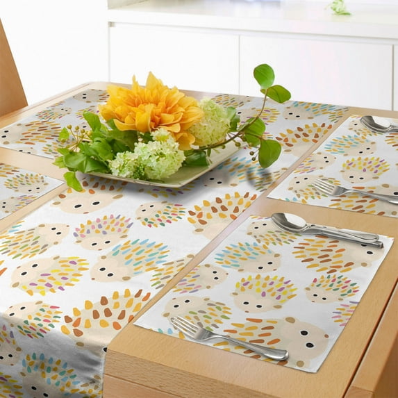 Ambesonne Hedgehog Table Runner & Placemats, Prickly Colorful Creatures, Placemat 4 pcs + Runner 14"x90", Champagne and Multicolor