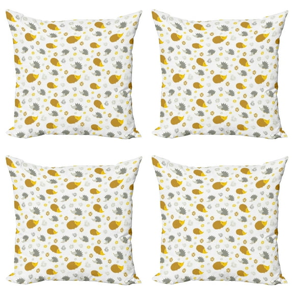 Ambesonne Hedgehog Throw Pillow Cover 4 Pack, Autumn in the Woods, 16", Earth Yellow and Grey