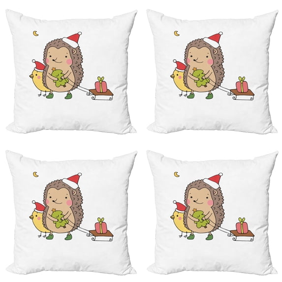 Ambesonne Hedgehog Throw Pillow Cover 4 Pack, Cartoon Bird and Tree, 24", Multicolor