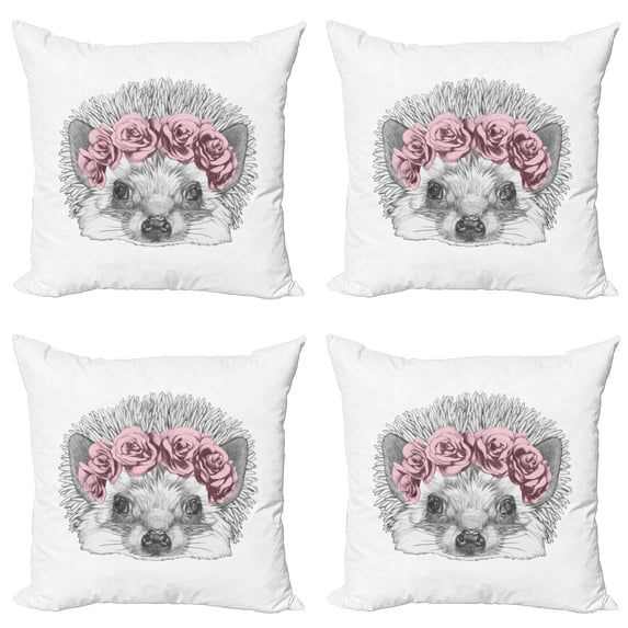 Ambesonne Hedgehog Throw Pillow Cover 4 Pack, Hand Drawn Romantic Wreath, 24", Pale Grey and Rose