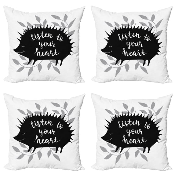 Ambesonne Hedgehog Throw Pillow Cover 4 Pack, Silhouettes of Porcupine, 16", Grey Black and White