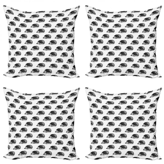 Ambesonne Hedgehog Throw Pillow Cover 4 Pack, Sketchy Animal Pattern, 16", Black White