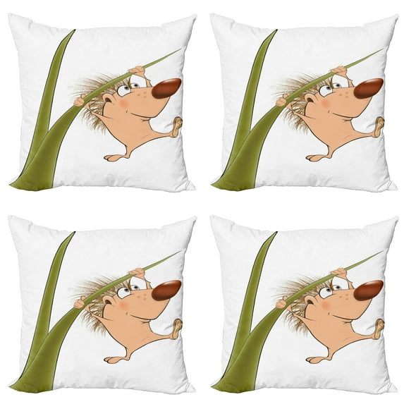 Ambesonne Hedgehog Throw Pillow Cover 4 Pack, Small Hadgehog, 18", Tan Brown Green
