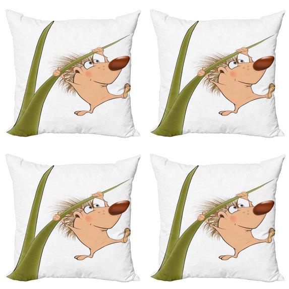 Ambesonne Hedgehog Throw Pillow Cover 4 Pack, Small Hadgehog, 20", Tan Brown Green