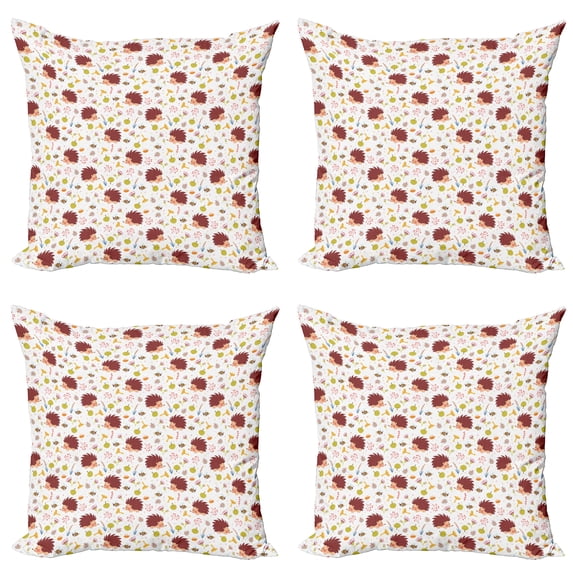 Ambesonne Hedgehog Throw Pillow Cover 4 Pack, Wild Woodland Plants, 18", Multicolor