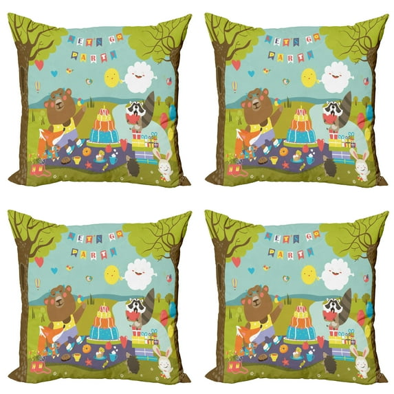 Ambesonne Hedgehog Throw Pillow Cover 4 Pack, Woodland Party Design, 18", Multicolor