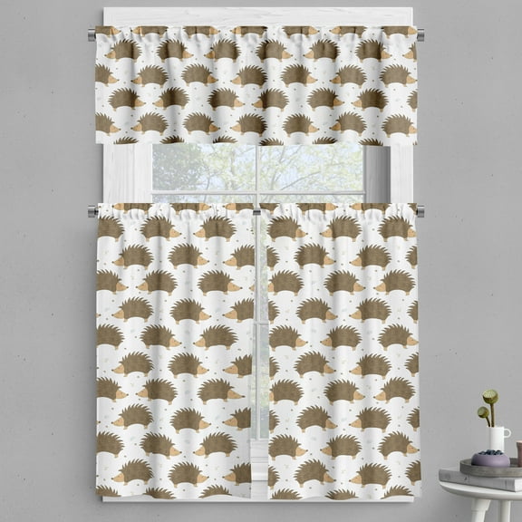 Ambesonne Hedgehog Valance & Curtain, Cartoon Porcupines, 55"x30", Caramel Pale Brown White