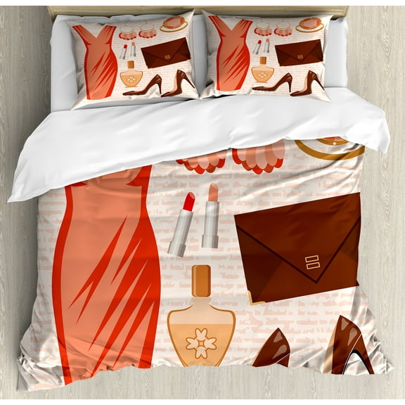 Ambesonne Heels and Dresses Duvet Cover Set, Fashion Elements, Queen, Salmon Brown Peach