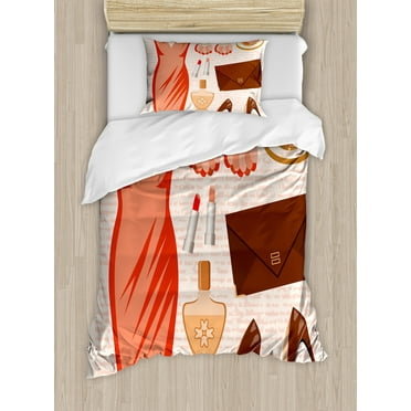 Ambesonne Heels and Dresses Duvet Cover Set, Fashion Elements, Twin, Salmon Brown Peach