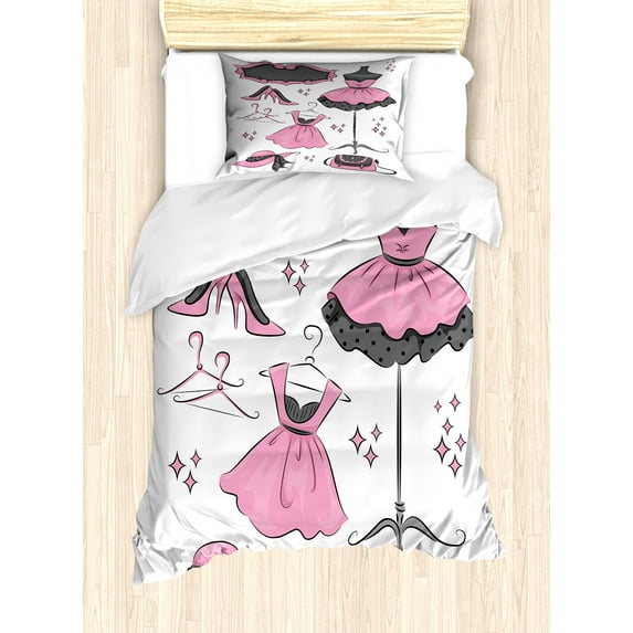 Ambesonne Heels and Dresses Duvet Cover Sets, Fashion Clothing, 2-Twin, Pale Pink White Grey