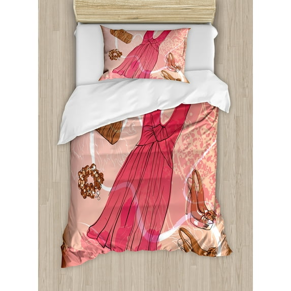 Ambesonne Heels and Dresses Duvet Cover Sets, Floral Pink, 2-Twin, Pink Brown White