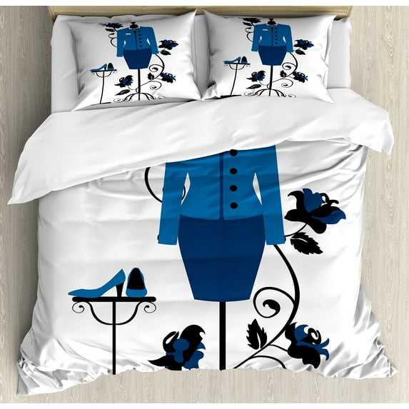 Ambesonne Heels and Dresses Duvet Cover Sets, Tailor's Shop, 2-King, Blue Black White