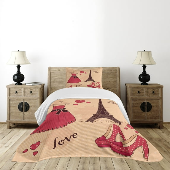 Ambesonne Heels and Dresses Quilted Bedspread Set 2 Pcs, Retro French, Twin Size, Pale Salmon Dark Brown