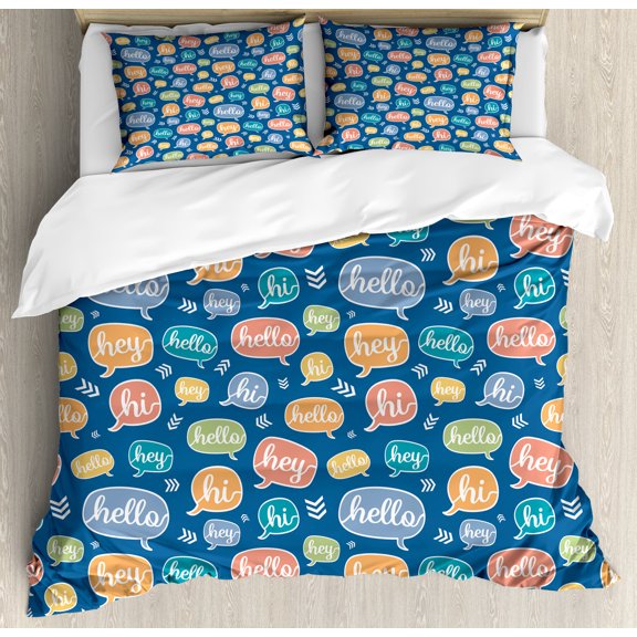 Ambesonne Hello Duvet Cover Sets, Hi Hey Colorful Speech Bubble, 2-Queen, Sea Blue and Multicolor