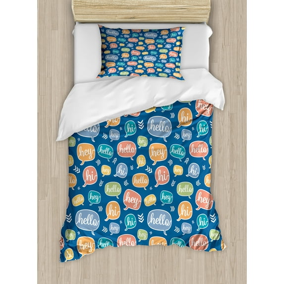 Ambesonne Hello Duvet Cover Sets, Hi Hey Colorful Speech Bubble, 2-Twin, Sea Blue and Multicolor